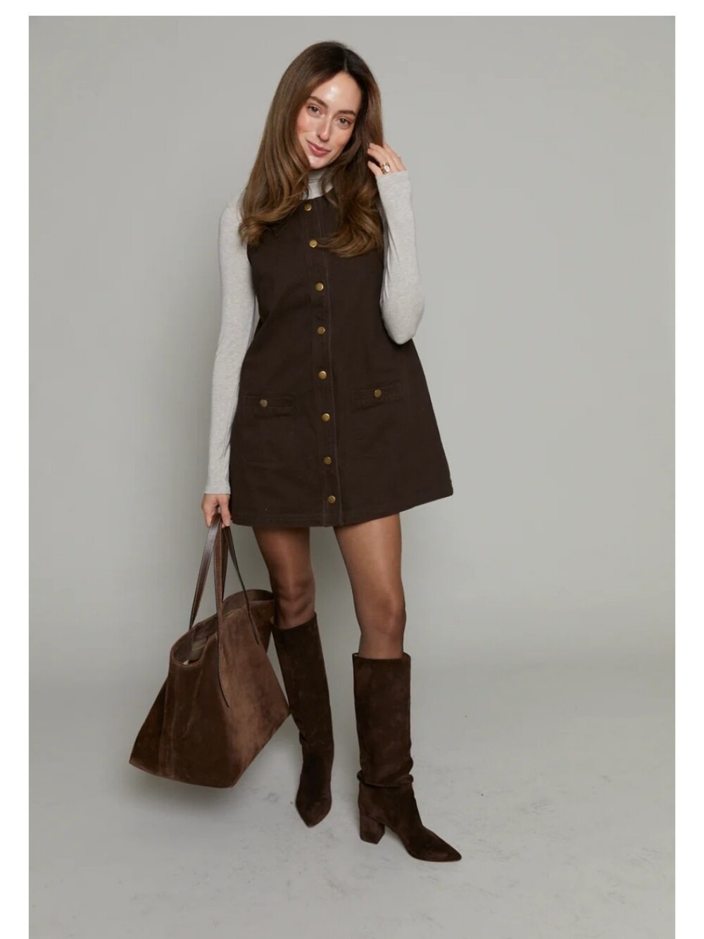 Women’s Dark Brown Button-Front Pinafore Midi Dress